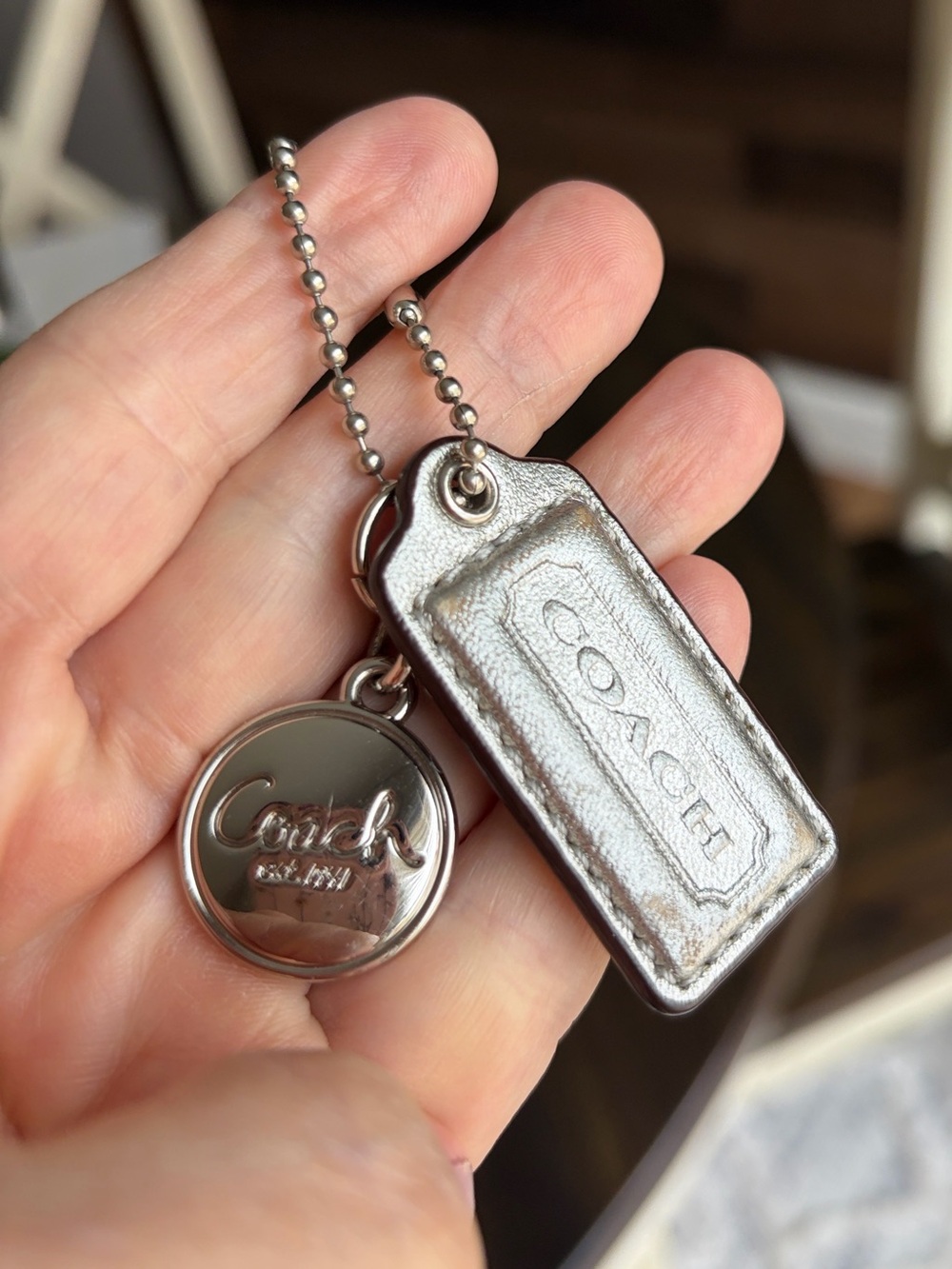 Coach Metallic Silver Leather Tag Keyring with Logo Charm